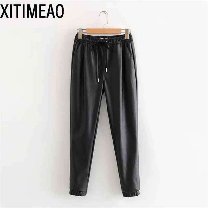 Vintage Stylish Pu Leather Pockets Pant Fashion Elastic Waist Drawstring Tie Ankle Trousers Sweatpants Casual 210604, Black
Vintage Stylish Pu Leather Pockets Pant Fashion Elastic Waist Drawstring Tie Ankle Trousers Sweatpants Casual 210604, Black