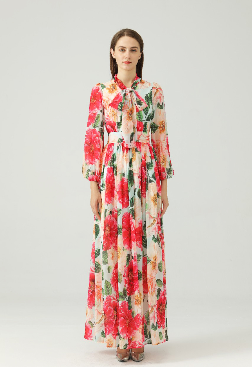 Women's Runway Dresses Lace Up Bow Collar Long Sleeves Floral Printed Elegant Maxi Dress Party Prom