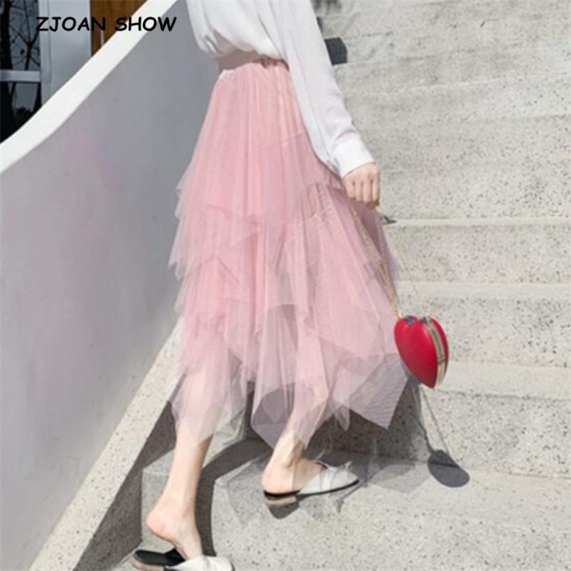 Women Irregular Mesh Skirt Korean Clothes Summer Vintage Elastic Waist Pleated Mid Long A-line Skirts Femme 210429