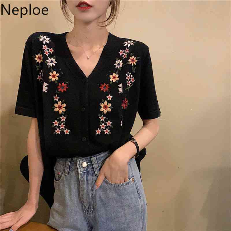 Neploe Women Sweater Coat Summer V Neck Embroidery Knitted Cardigan Jacket Short Sleeve Single Breasted Thin Vintage Tops 4l165 210422