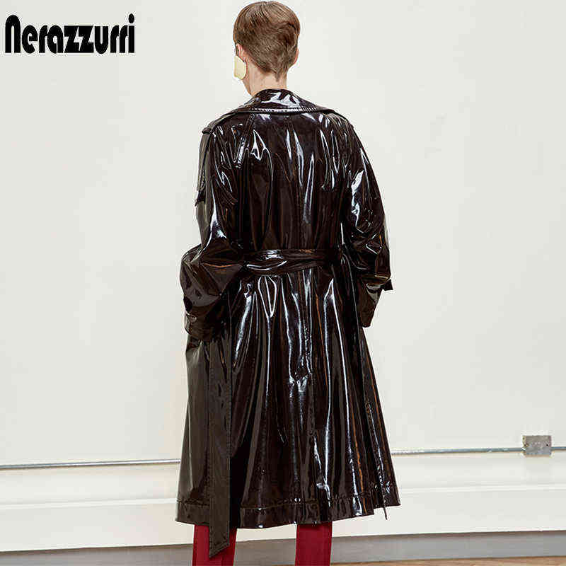 Nerazzurri Long waterproof black patent leather trench coat for women double breasted iridescent oversized leather coat 7xl 211130
