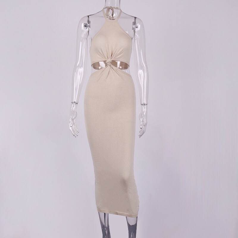 Sexy Tie Bow Halter Collar Women Dress Hollow Out Waist Backless Celebrity Party Club Bandage Long Dresses Vestidos 210429