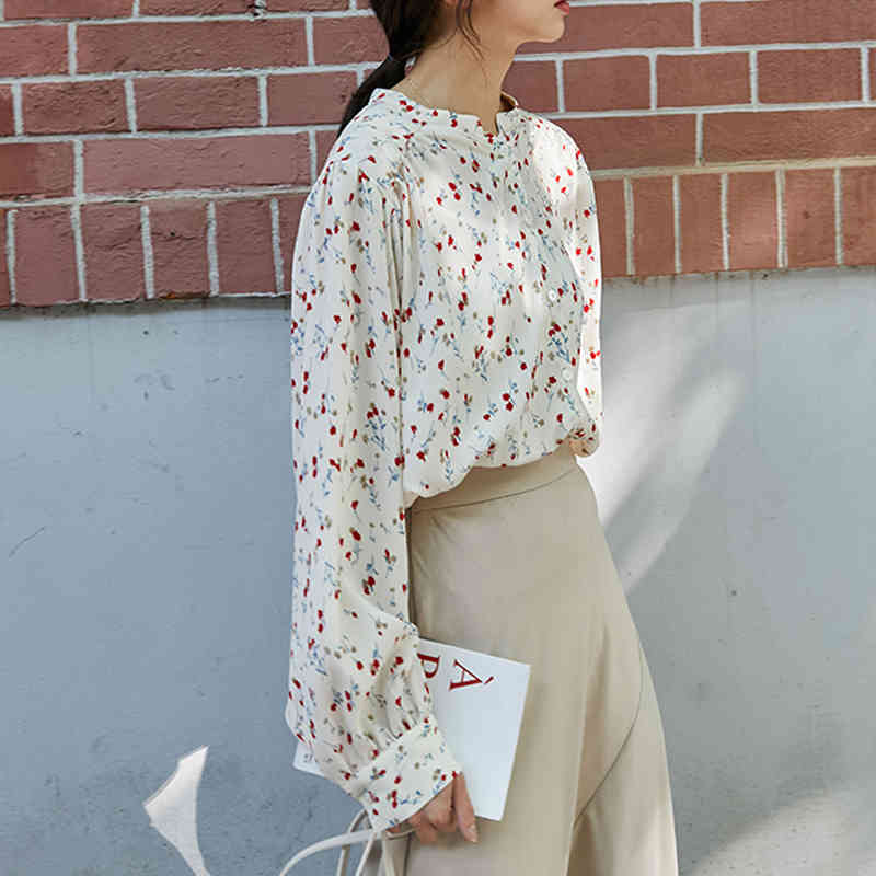 Cardigan Ladies Tops Autumn Floral Puff Sleeve Chiffon Shirts Women Office Loose Long Blouse blusas 10203 210506