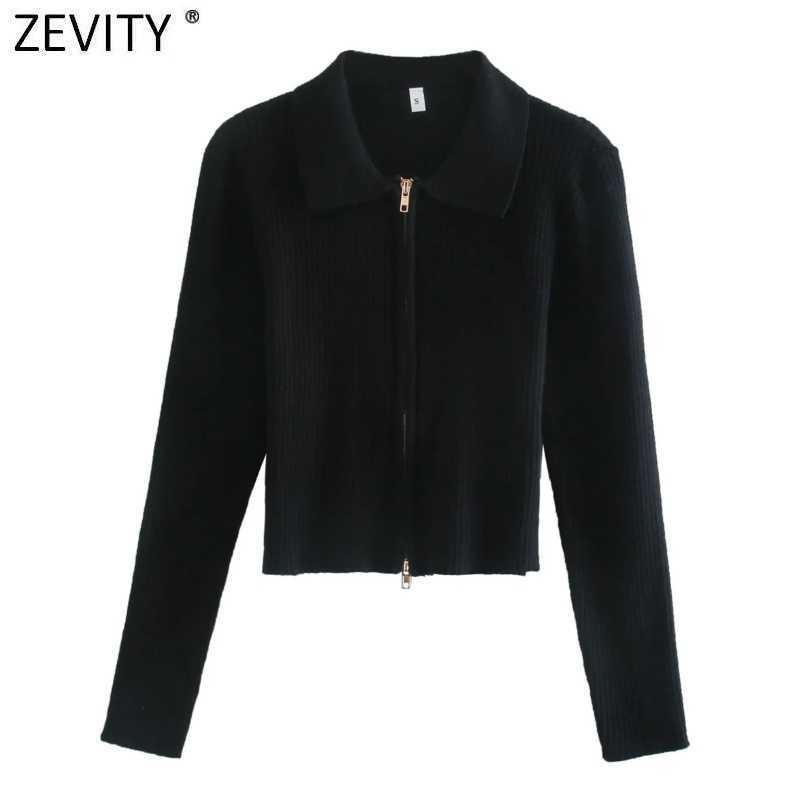 Zevity Women Fashion Solid Turn Down Collar Double Slider Zipper Knitting Sweater Femme Long Sleeve Chic Cardigan Coat Tops S486 210603