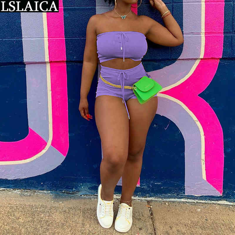 Tube Top Two Piece Set Summer Strappy Sleeveless Clothes For Women Casual Solid Shorts Tracksuit Pantalones Cortos De Mujer 210520