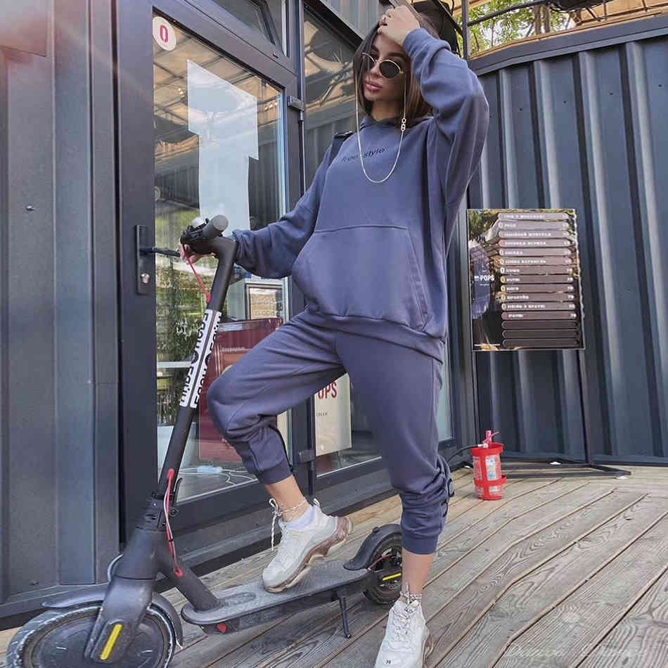 Free Women's Casual Letter Sweater Set Loose Hooded Sweatshirt Elastic Pants Zipper Sportswear 2 Two-piece Sets 210524