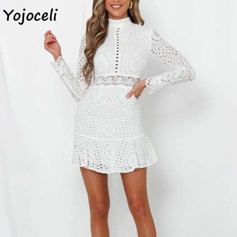 Yojoceli white cotton embroidery lace dres bodycon crochet party autumn winter 210609