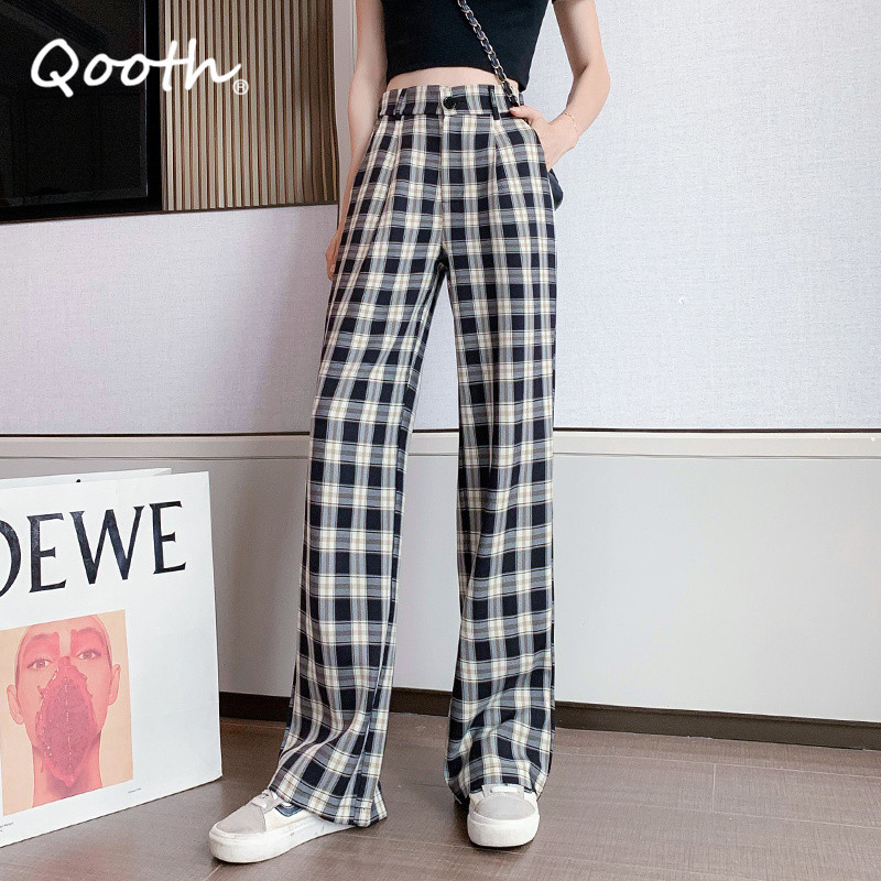 Qooth Drape Plaid Elastic Waist Straight Wide-Leg Pants Women's Summer Loose High Waist Pants Fashion Pants with Pockets QT736 210518, White-black
Qooth Drape Plaid Elastic Waist Straight Wide-Leg Pants Women's Summer Loose High Waist Pants Fashion Pants with Pockets QT736 210518, White-black
