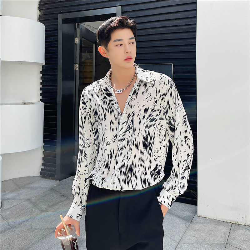 IEFB Korean Streetwear Men's Clothing Leopard Print Long Sleeve Shirt Casual Trend Fashionable Oversize Loose Lapel Tops 9Y6760 210524