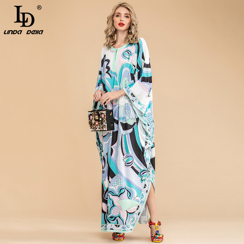 Summer Bohemian Maxi Dress Plus Size Women Batwing Sleeve Pattern Print Vintage Loose Long Floor Length 210522