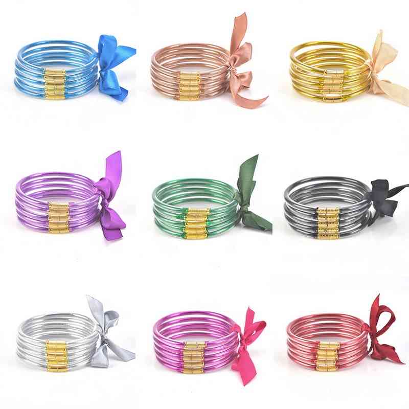 Fashion Glitter Filled Jelly Bangle Bracelet Set Bowknot Silicone Friendship Stackable Bangle Set of 5 for Girls