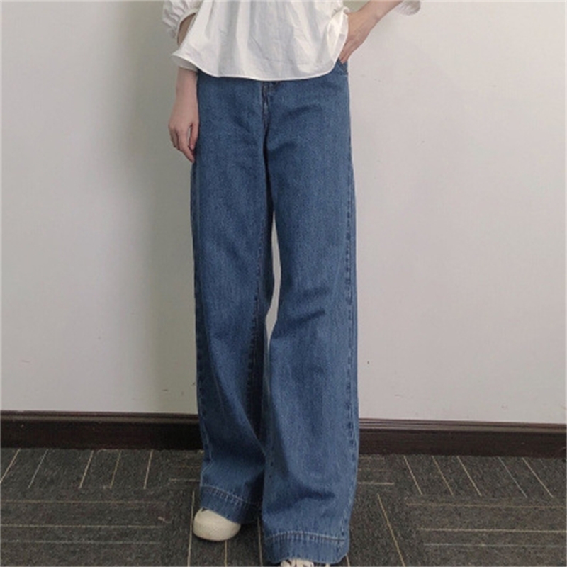 Vintage Office Lady Back Cross Strap Denim Pants Simple High Waist Wide Leg Casual Vaqueros Mujer Trendy All Match Jeans 210525