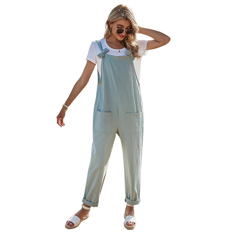 Jumpsuit Overall Women Casual Strap Sleeveless Bow Pocket Loose Cotton Linen Blue Playsuit Spring Autumn Femme Solid Long Romper 210522