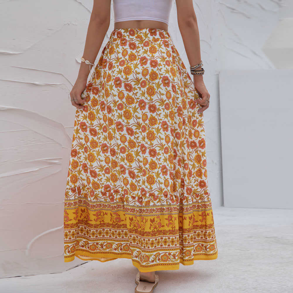 Women Clothing Casual Boho Print Lace Up Maxi Skirts Summer Fashion Empire Loose Long Skirt Green Slit Beach Womens 210621