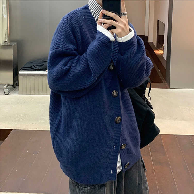 Men Cardigan Autumn Male Outwear Tops Sweaters Knit Solid Loose Casual Preppy Style Korean Fashion Knitwear Coat Pull Homme 211018