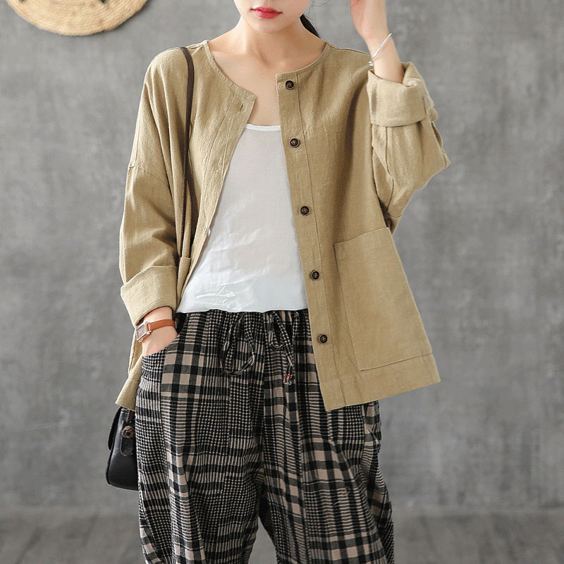 Spring Autumn Arts Style Women Long Sleeve Loose O-neck Shirts Big Pockets cotton linen Casual Blouses Plus Size S791 210512