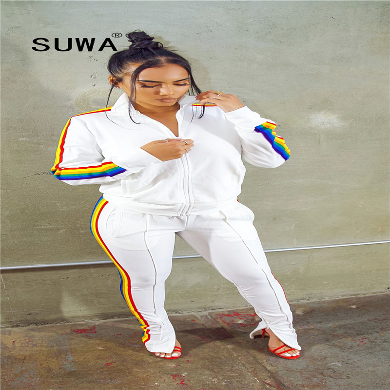 Rainbow Striped Patchwork Jogger Woman Lounge Wear Set Fall Winter Zipper Jacket High Waist Pants Sweatpants Casual 2 Pieces 210525, Multi
Rainbow Striped Patchwork Jogger Woman Lounge Wear Set Fall Winter Zipper Jacket High Waist Pants Sweatpants Casual 2 Pieces 210525, Multi