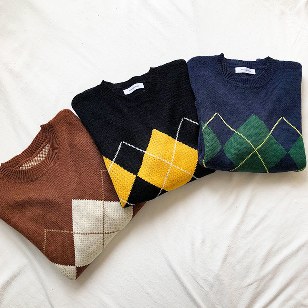 Geometric Pattern Hit Color Knitted Sweater Casual Long Sleeve O Neck Loose Pullover Korean Vintage Jumpers Women Winter Tops 210428