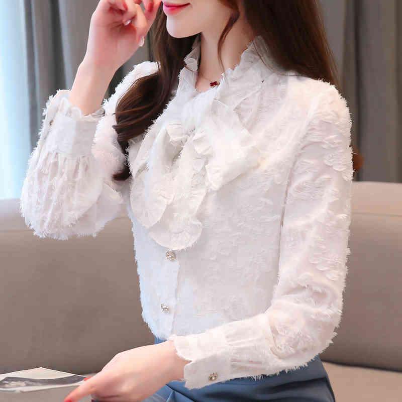 womens tops and blouses blusas mujer de moda ladies long sleeve bow Lace-up jacquard shirt chemisier femme 6760 50 210427