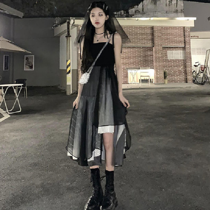 Gothic Midi Dress Women Lace Black Irregular Y2k Dress Square Collar Spaghetti Strap Party Dress Korea Streetwear 210521