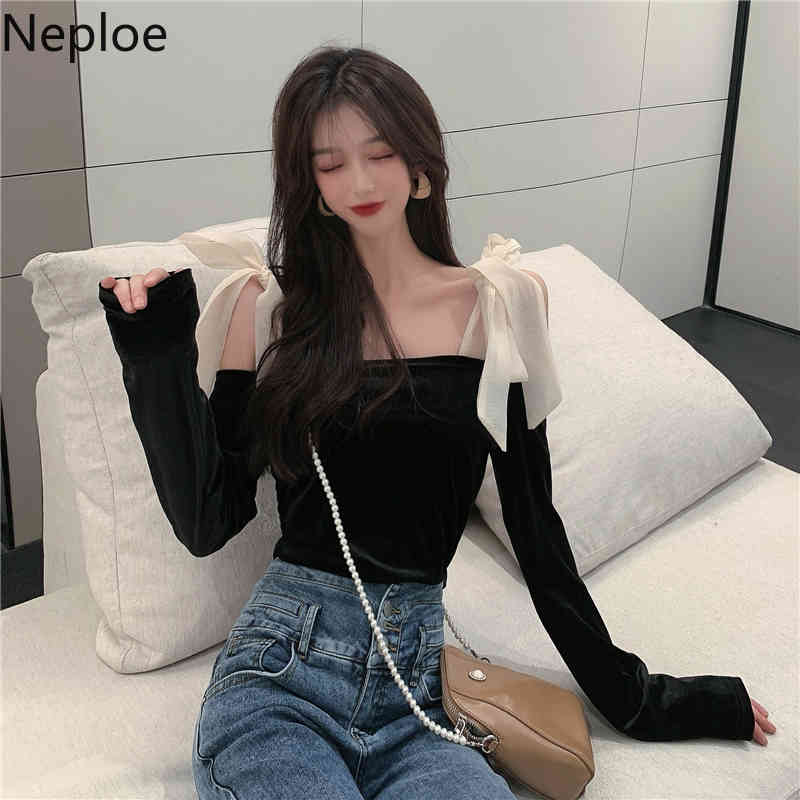 Neploe Sexy Shirt Slash Neck Off Shoulder Velvet Blouse Women Vintage Bow Lace Up Slim Blusas Fashion Long Sleeve Fashion Top 210422
