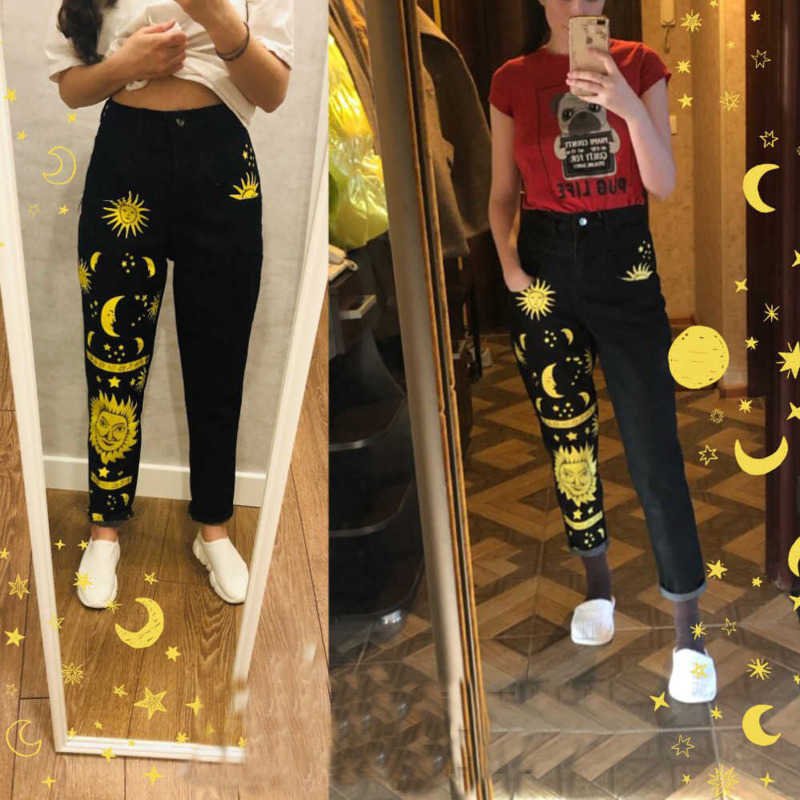 Digital Moon Star Printed Straight Pants Trendy Jeans Fashion Ladies High Waist Young Girls Chic Denim 210907