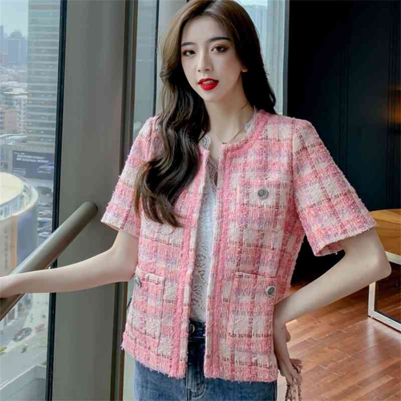 Temperament Ladies Korea Style Pink Plaid Tweed Women Short Sleeve Jacket Spring Elegant Female Fashion Casual OL Cardigan 210519