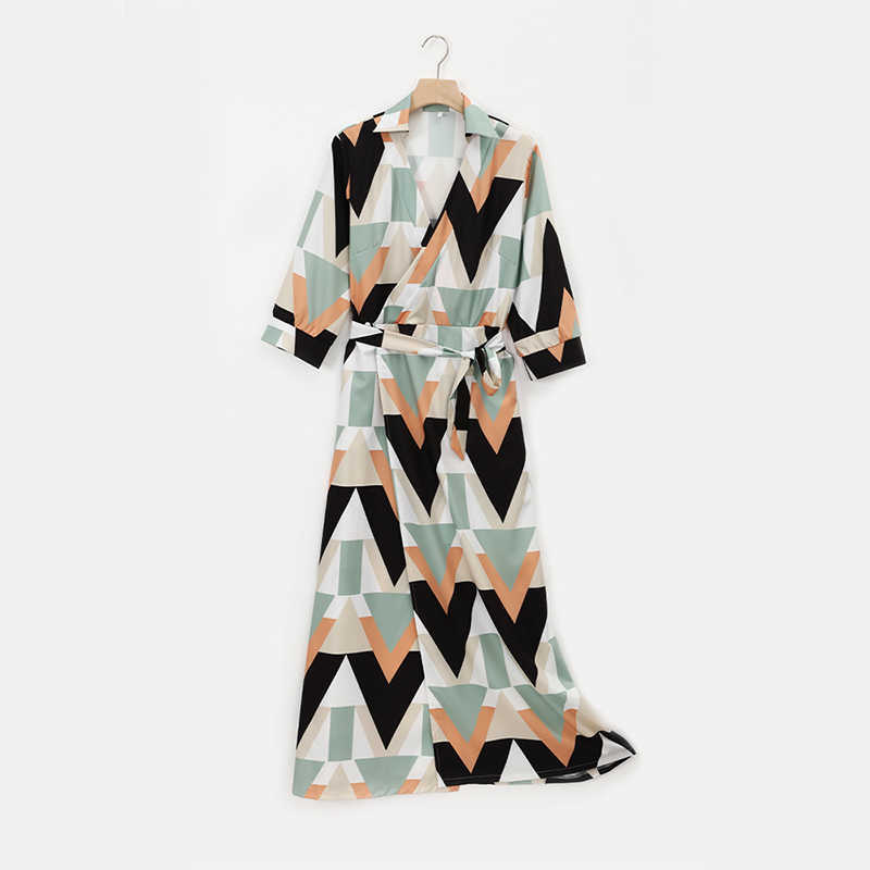 Women Dresses Summer Dot Letter Print V-Neck Three Quarter Sleeve Belt Irregular Dress Elegant Office Lady Casual Wear 210630