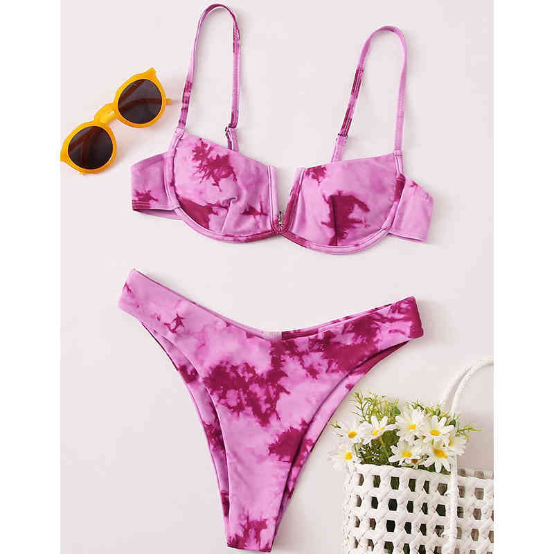 MYTENG Tie-dye 2 Piece Set Bikini V-neck Swimming Suit For Women Low Waist Push Up Swimsuit Underwire Swimwear Thong Biquini 210522