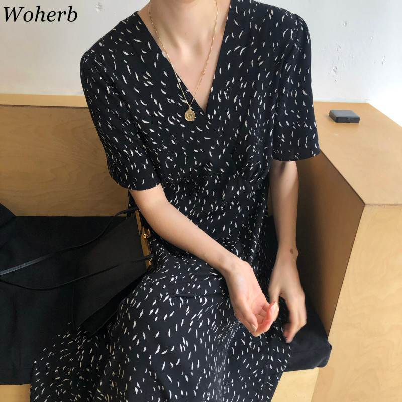 Korean Chic Maxi Dress Women Summer Short Sleeve V Neck Floral Printed Vestidos Elegant Loose High Waist Vintage Dresses 210519