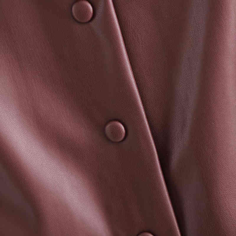 Vinatge Woman Burgundy Leather Thick Stretchy Skirts Autumn Winter Fashion Ladies Pu Straight Skirt Female Button 210515