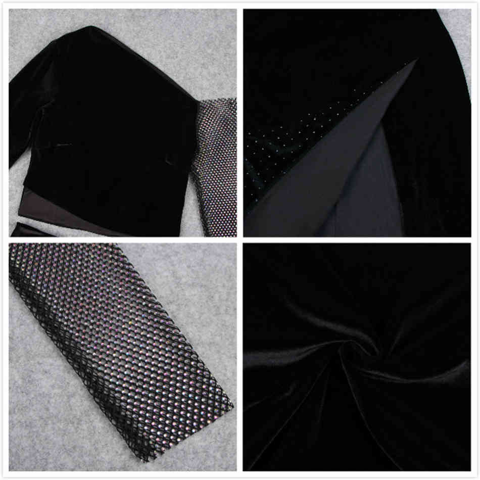 Free Women's Velvet Skirt Set Sexy Long Sleeve Mesh Diamond Top & Split Fashion Party Two Piece 210524