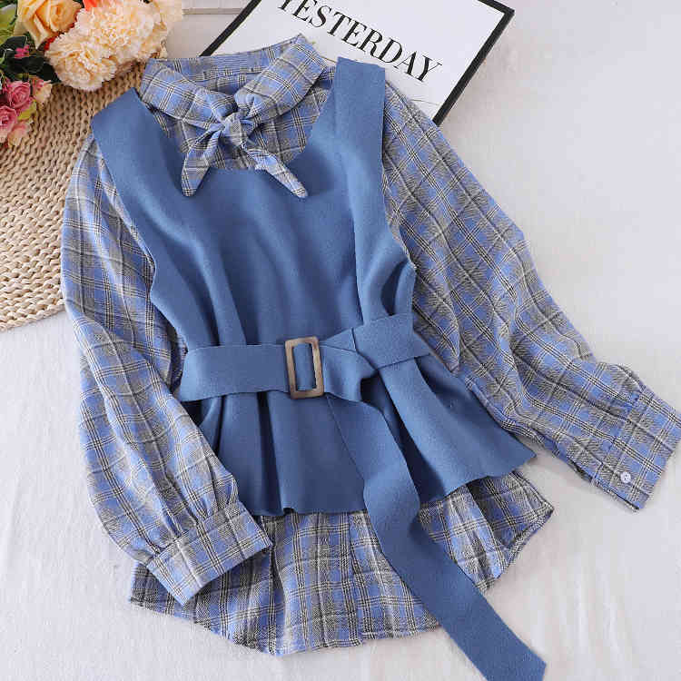 Vintage Two Pieces Set Women Paid Blouse + Belt Vest Korean Fashion Chic Outfits Casual 2 Piece Suit Mujer 210519