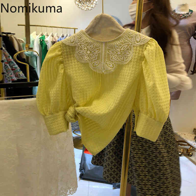 Nomikuma Lace Patchwork Women Blouse New Puff Sleeve Shirt Tops Korean Sweet Elegant Blusas Mujer De Moda Verano 6H503 210427