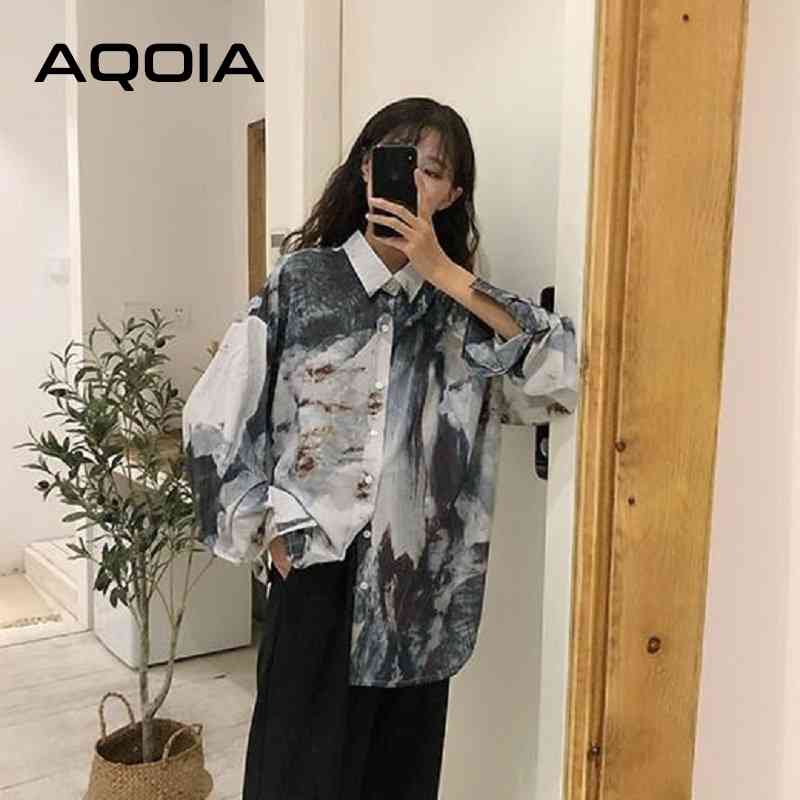 Chic Casual Abstract ink printing Long Sleeve Women Blouse Tunic Shirt Turn-Down Collar Loose Spring Oversize Ladies Tops 210521