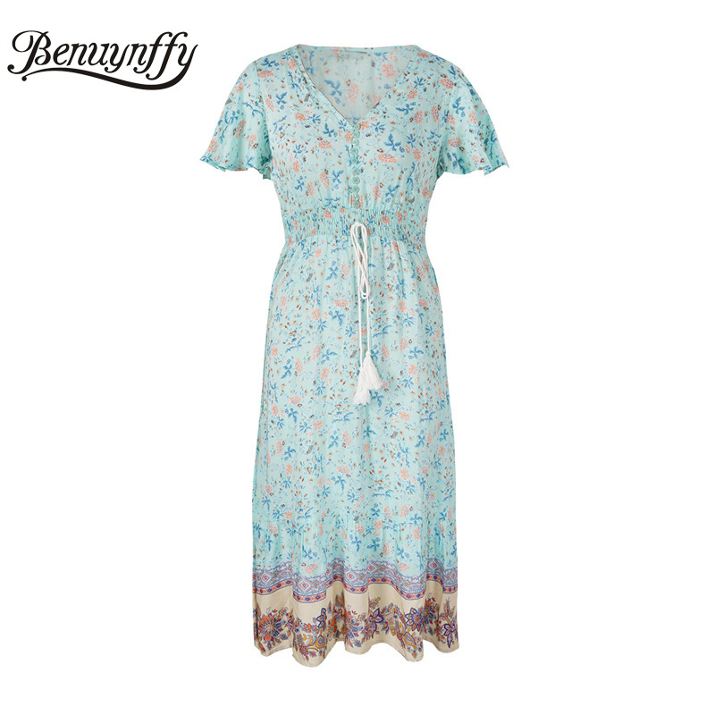 V-neck Short Sleeve Button Detail Bohemian Dresses Women Summer Vacation Casual Tassel Tie Waist Print Long Dress 210510