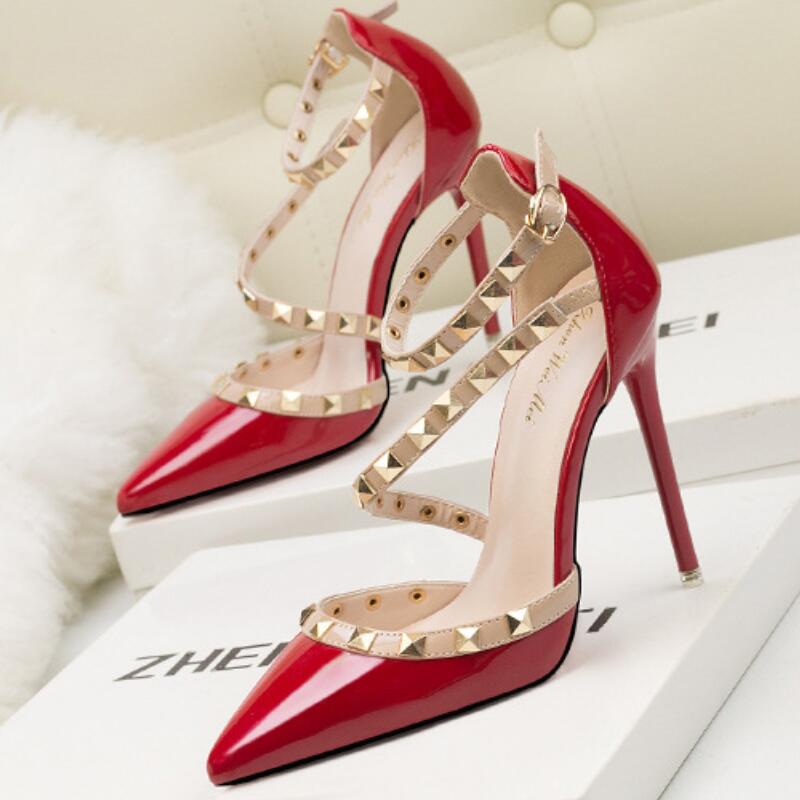 Dress Shoes Summer Women Pointed Toe Studs Sandals Flats Ankle Strap Sexy Lady Rivets Luxury Designer, Bronze