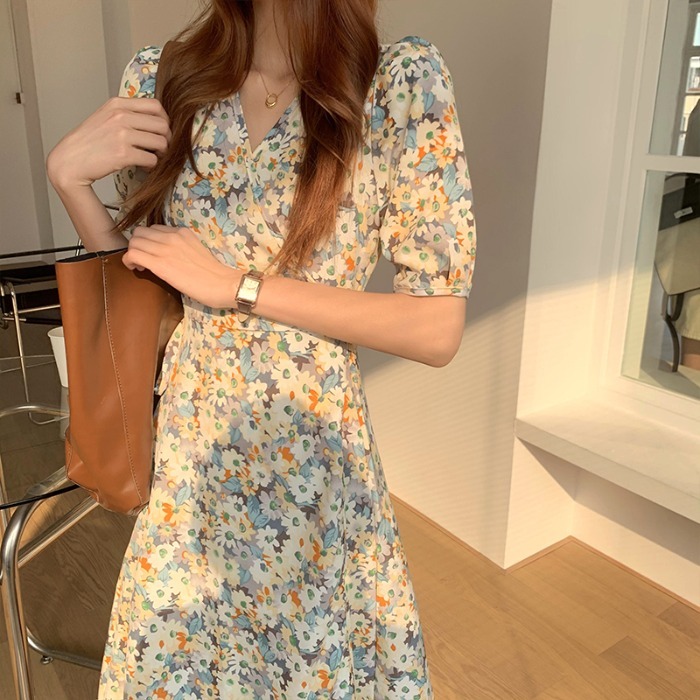 Neploe Women Short Sleeve Dress Print V Neck Female Elegant Chiffon High Waist A-line Dresses Korean Fashion Vintage Vestidos 210422