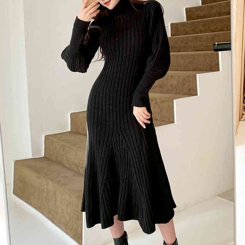 Casual Turtleneck Sweater Dresses Women Winter Vintage Thick Lantern Sleeve Female Trumpet Mermaid Knitted Vestidos 210520