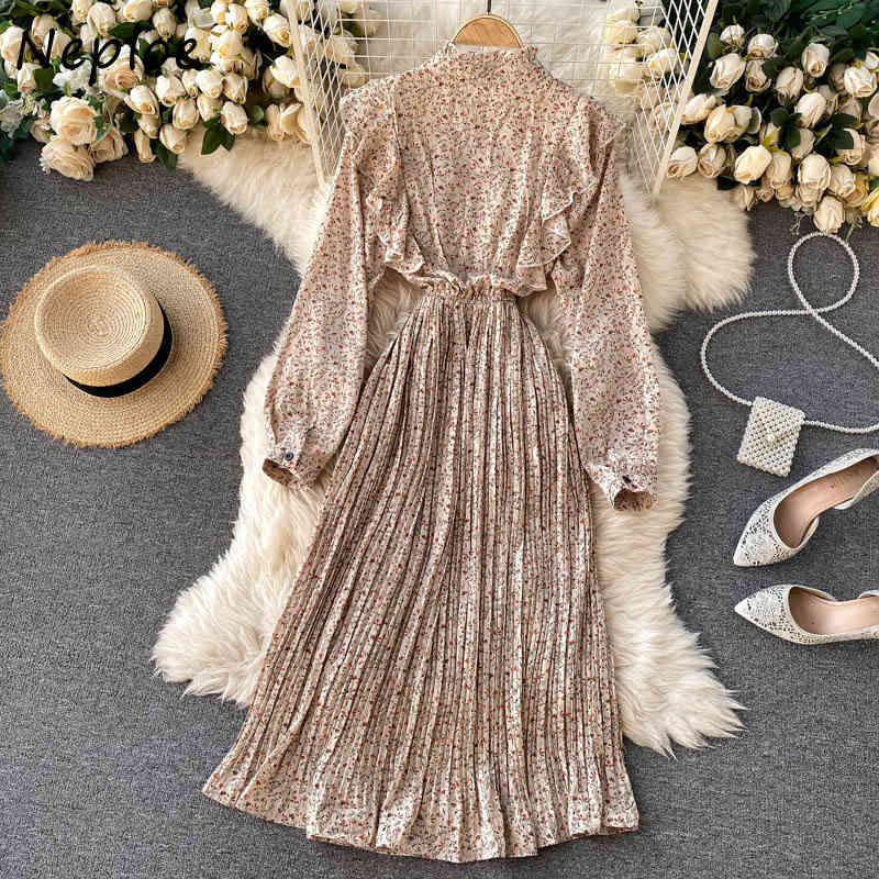 Neploe French Style Chic Flower Print Women Dresses Autumn All-match Vintage Fungus Patchwork Vestidos Tie Collar Slim Fit Dress 210422