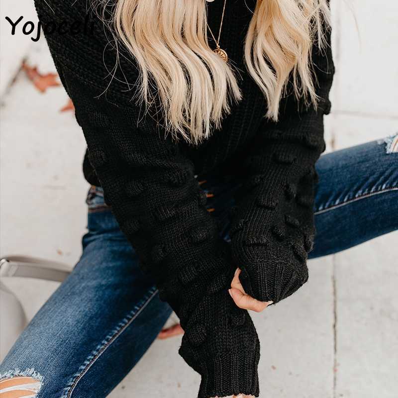 Yojoceli cute puff sleeve knit sweater jumper women long round neck knitted pullover 210609