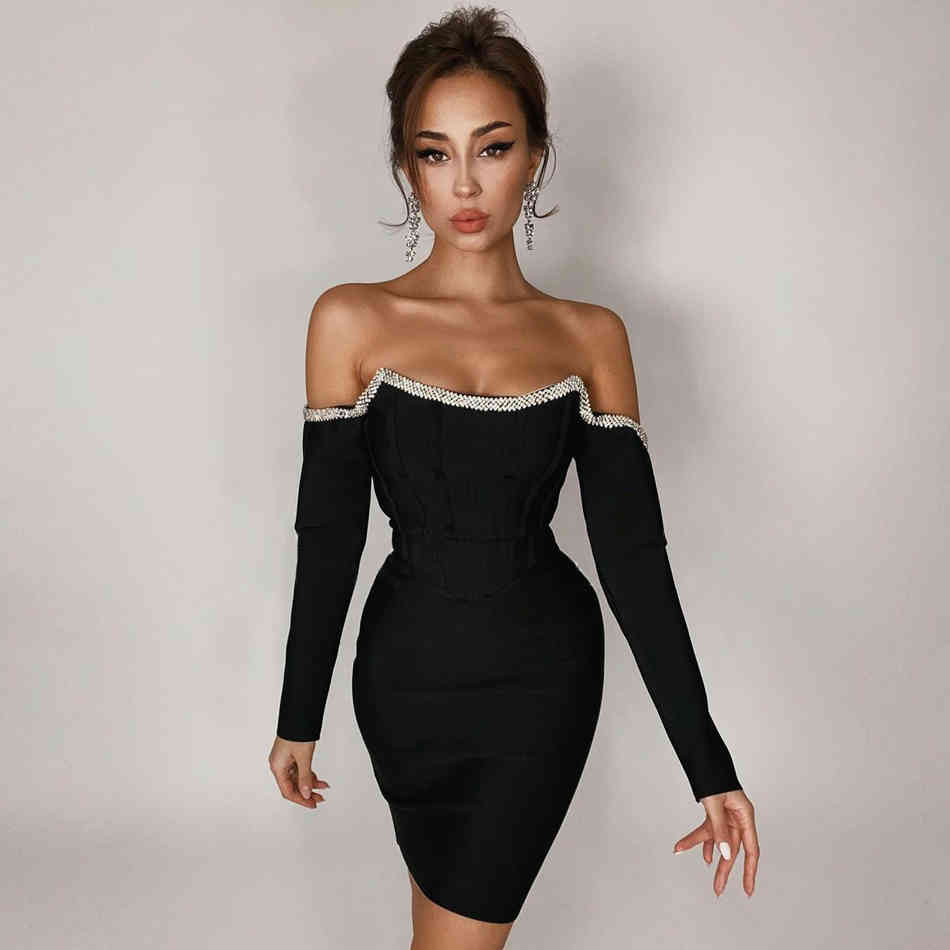 Winter Women Long Sleeve Bodycon Bandage Dress Sexy Black Off Shoulder Mini Club Celebrity Evening Party Dresses 210423