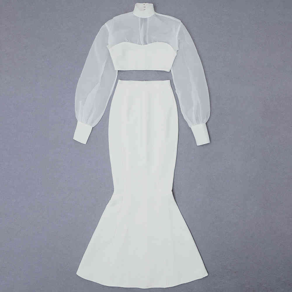 Women Set Bandage Elegant Party Club Celebrity Two Piece White Top Skirts Long Sleeve Suits Ladies Clothes 210515