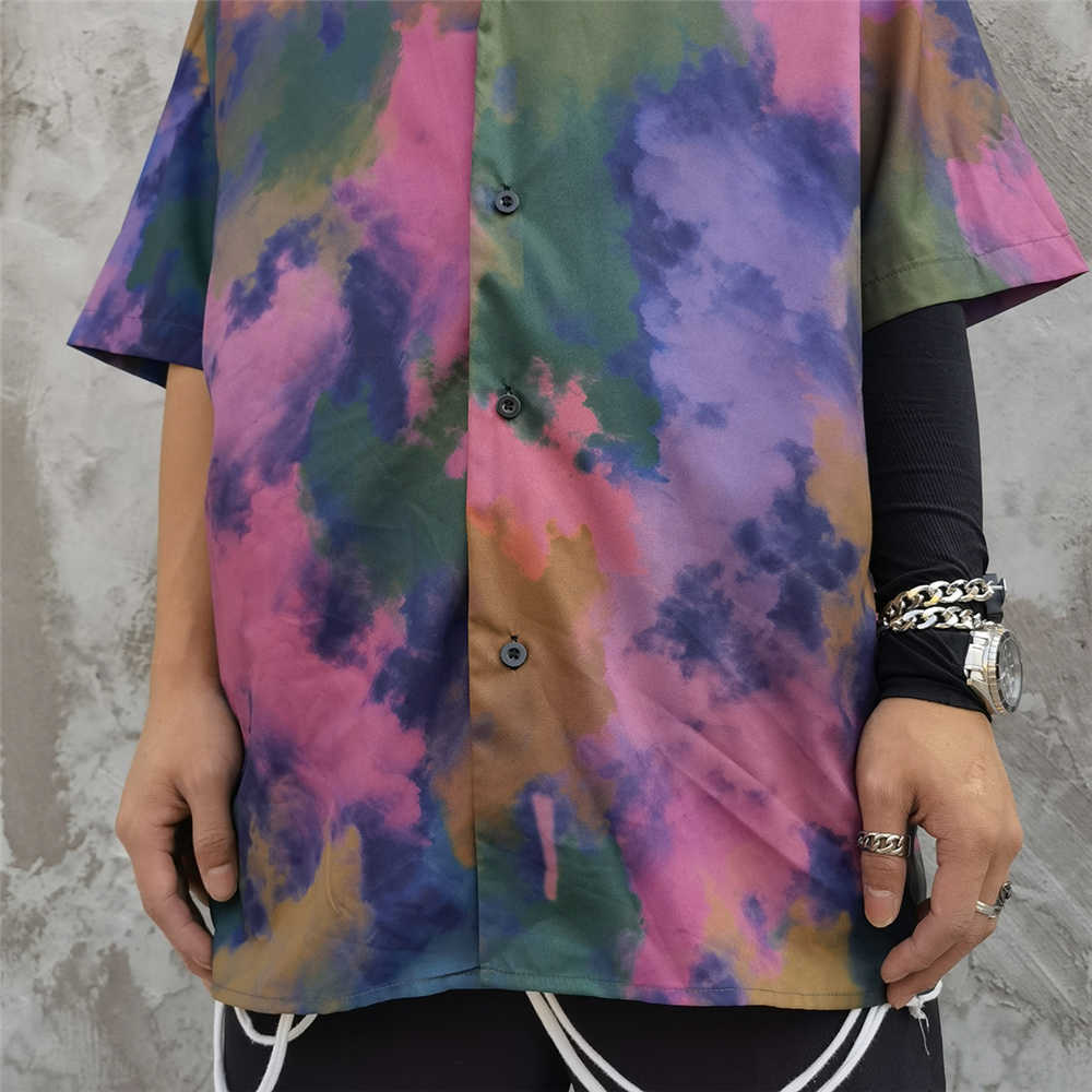 Shirts for Men Tie-dye Print Colorful Hawaii Beach Holiday Harajuku Short Sleeve Casual Shirt Oversized Summer Top Shirt 210601
