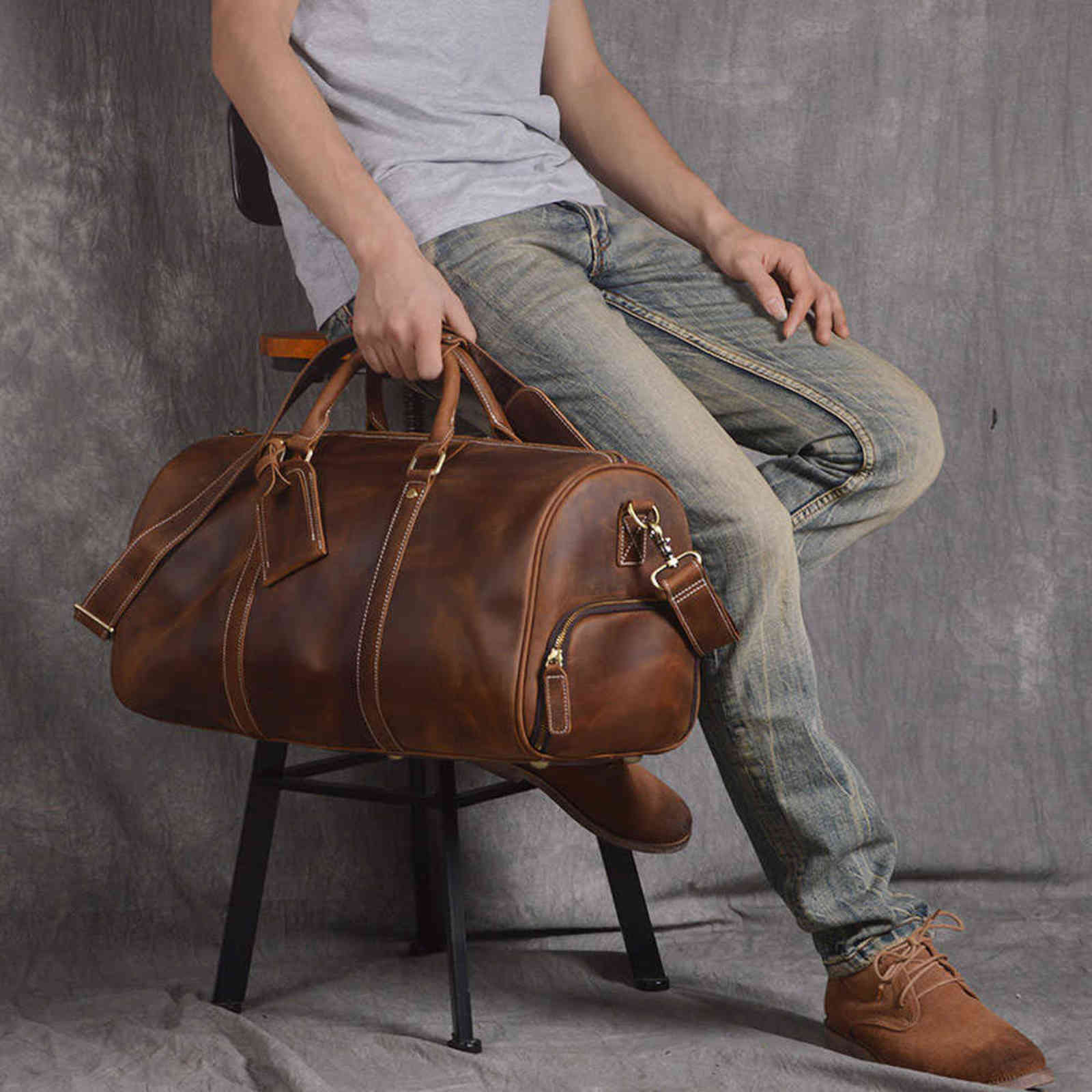ZRCX Vintage Men's Hand Luggage Bag Travel Geunine Leather Large Capacity Single Shoulder Messenger For 15 Inch Laptop 211118