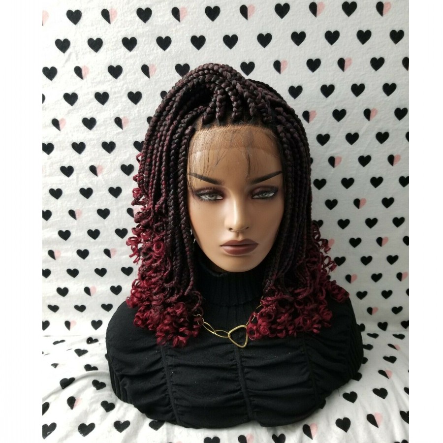 Handmade 14inch Box Braids Lace Front Wig With Curly Tips 1b/Burgundy Ombre Red Color Short Braiding Hair Synthetic Wigs for Black Women