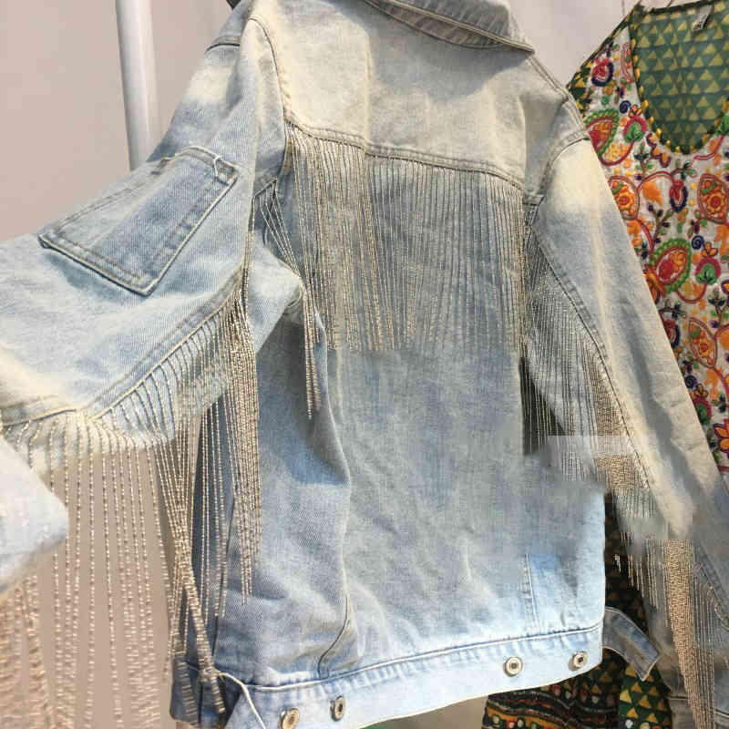 Spring High Quality Denim Jackets Rhinestone Chain Tassels Personality Cut Wash Cowboy Loose Coat Woman FS720 210427