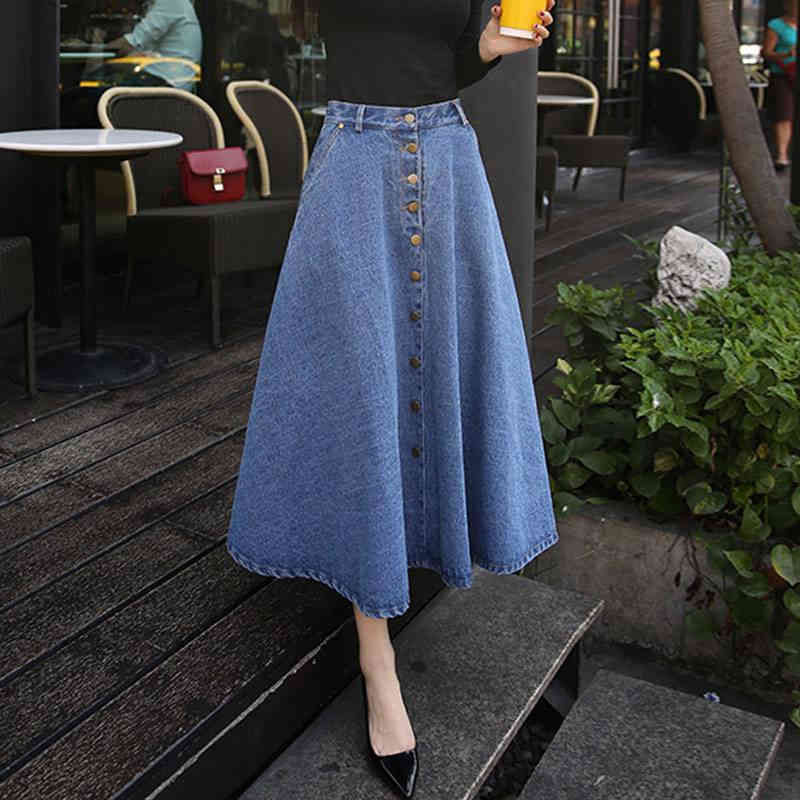 High Waisted Denim Skirt for Women Pleated Long s Vintage Single-breasted Harajuku Female A-Line s 210428