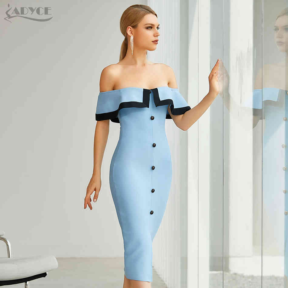 Summer Women Off Shoulder Midi Club Bandage Dress Sexy Buttons Blue Bodycon Celebrity Evening Runway Party 210423