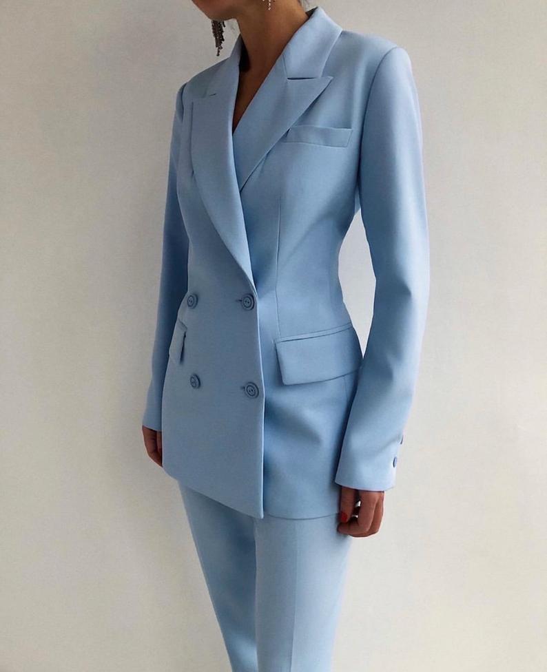 Fashion Sky Blue Bridal Ladies Blazer Suits Long Sleeve Bride Outfits Leisure Evening Party Wedding Wear (Jacket+Pants)